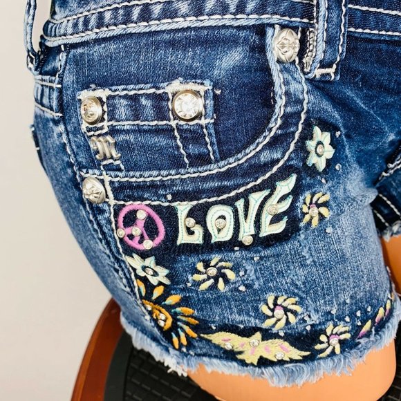 Miss Me 24 Signature Short Denim Hippie Peace Love Rhinestone Accented - Picture 2 of 10